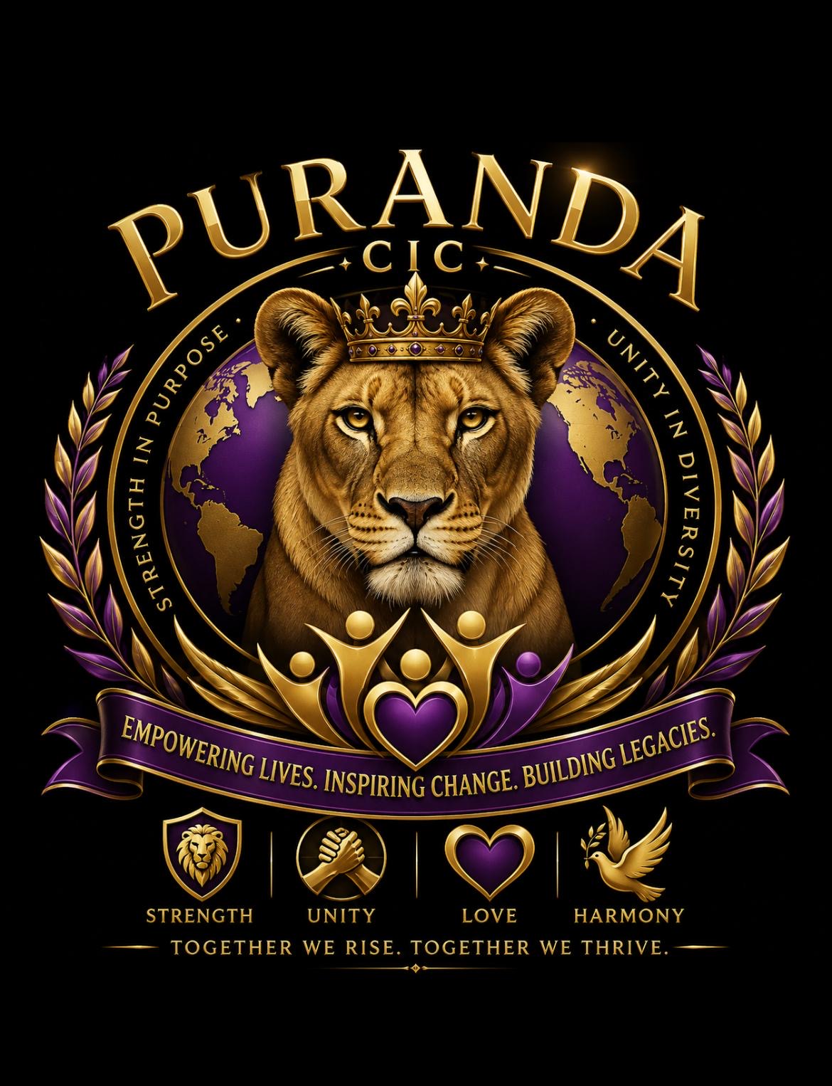PURANDA CIC emblem: a crowned lioness over a gold and purple globe, framed by laurels, with the motto Empowering Lives, Inspiring Change, Building Legacies